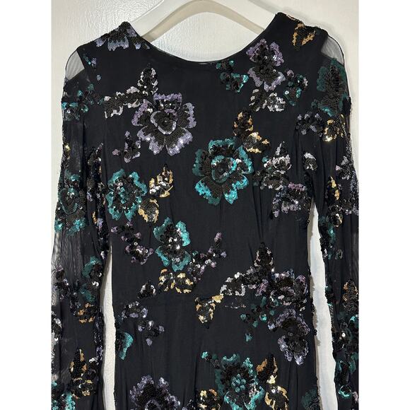 Betsy & Adam Black Floral Sequin Full Length Gown Size 4 NWT Teal Silver Roses - Picture 3 of 14